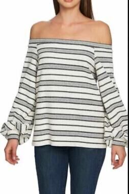 1.STATE Womens Ruched Sleeve Off the Shoulder Blouse, White - XL
